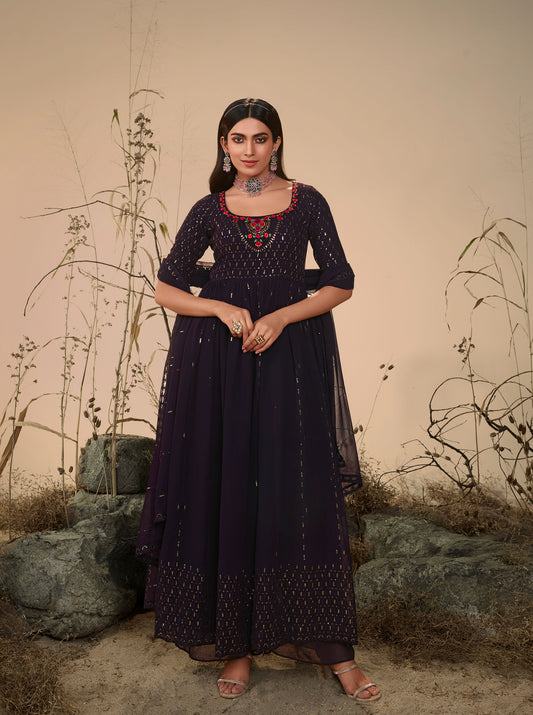 Purple Georgette Sequence Work Partywear Anarkali