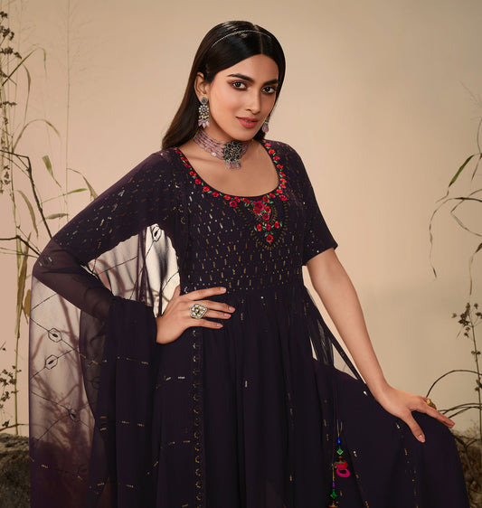 Purple Georgette Sequence Work Partywear Anarkali