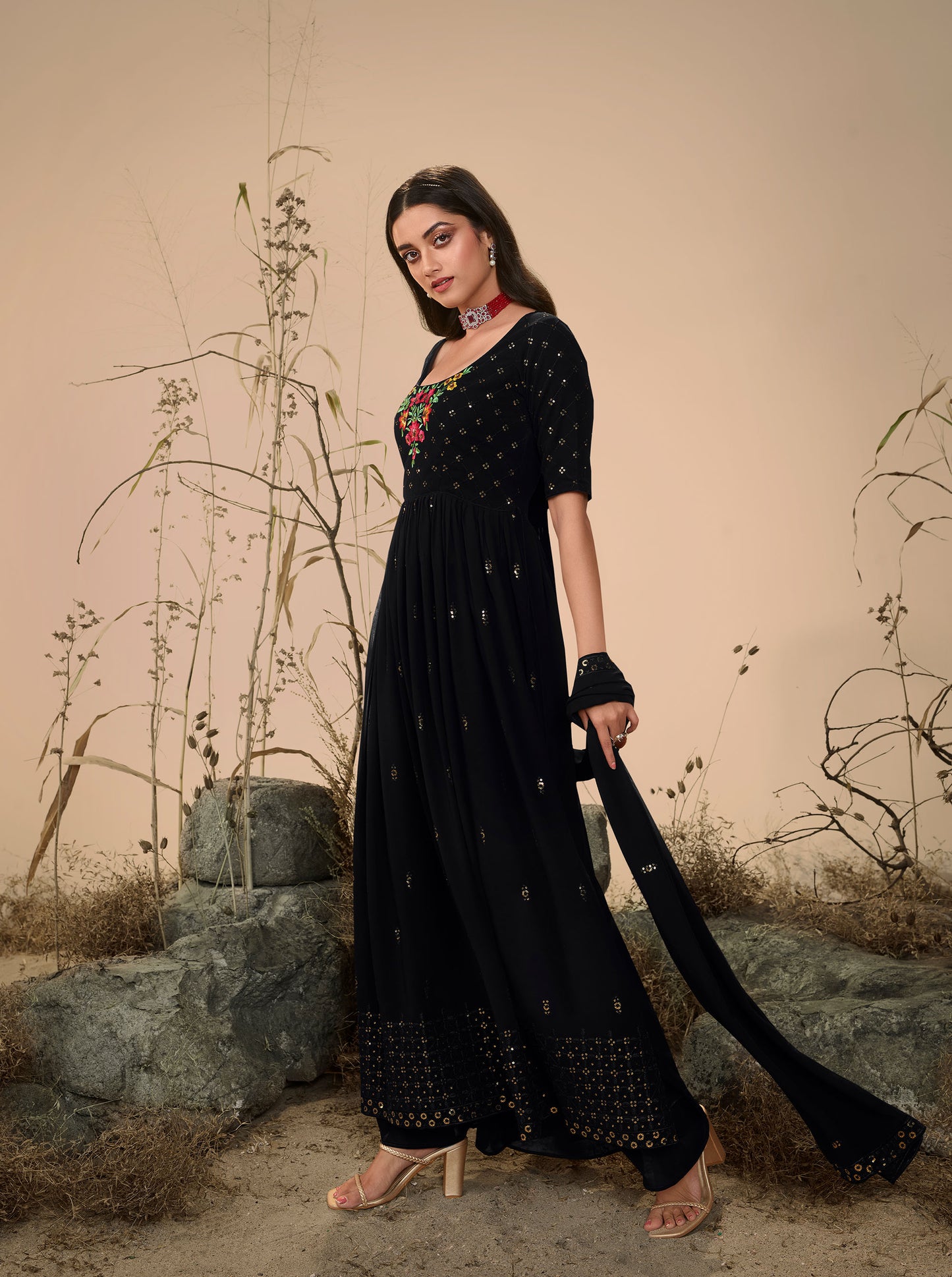 Black Georgette Sequence Work Partywear Anarkali