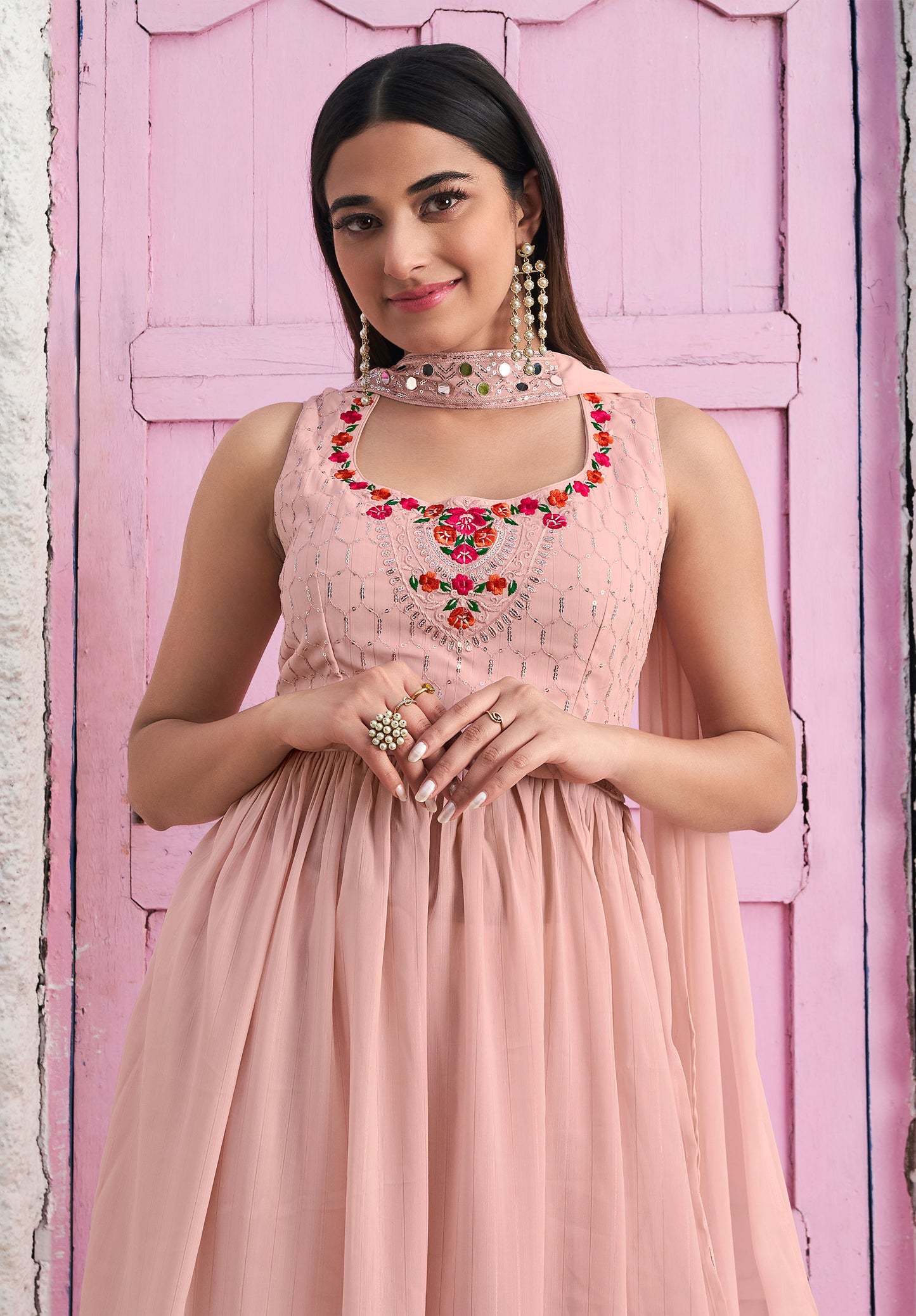 Peach Sequins Embroidery Georgette  Anarkali  for Wedding guest