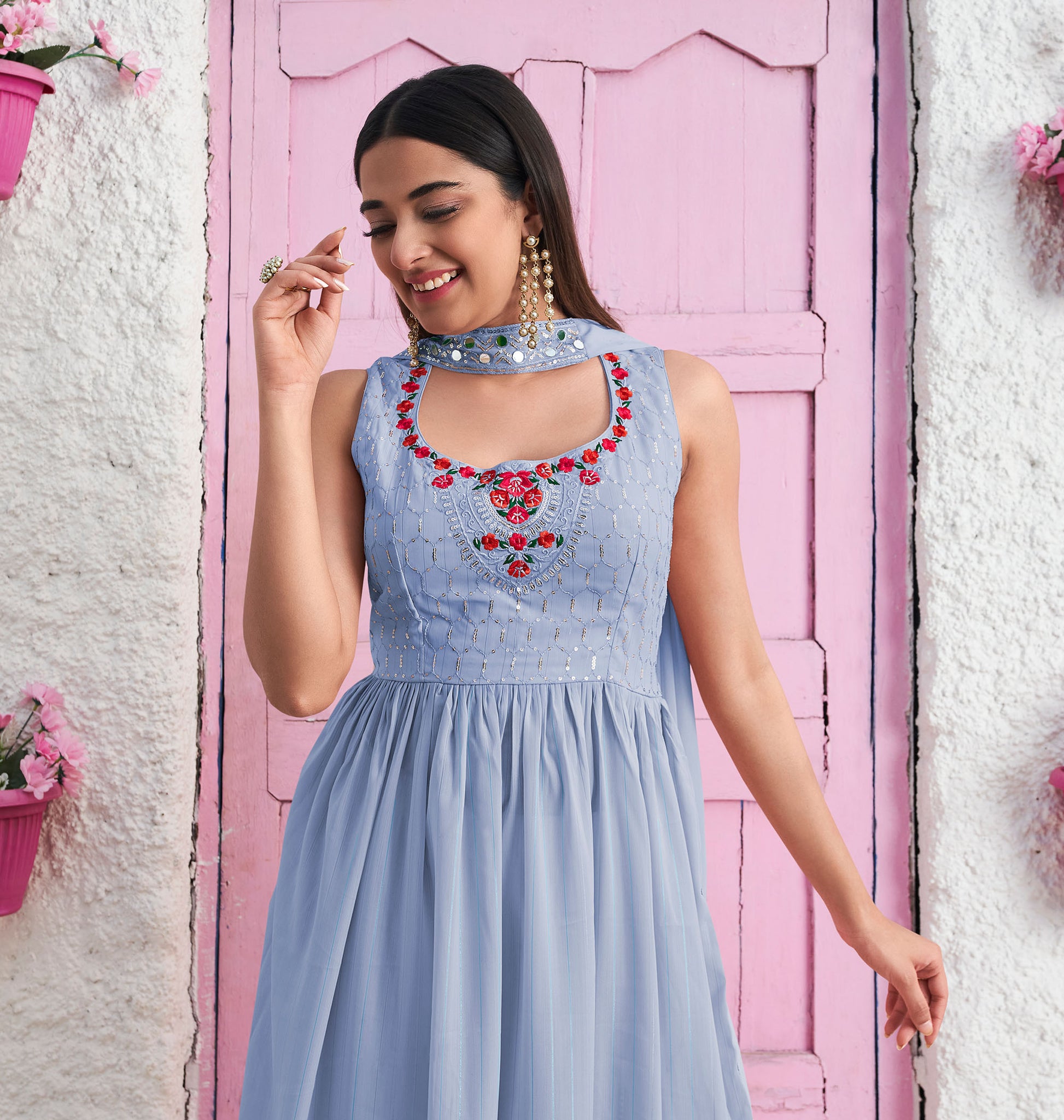 Sky Blue Sequins Embroidery Georgette Anarkali for Wedding guest