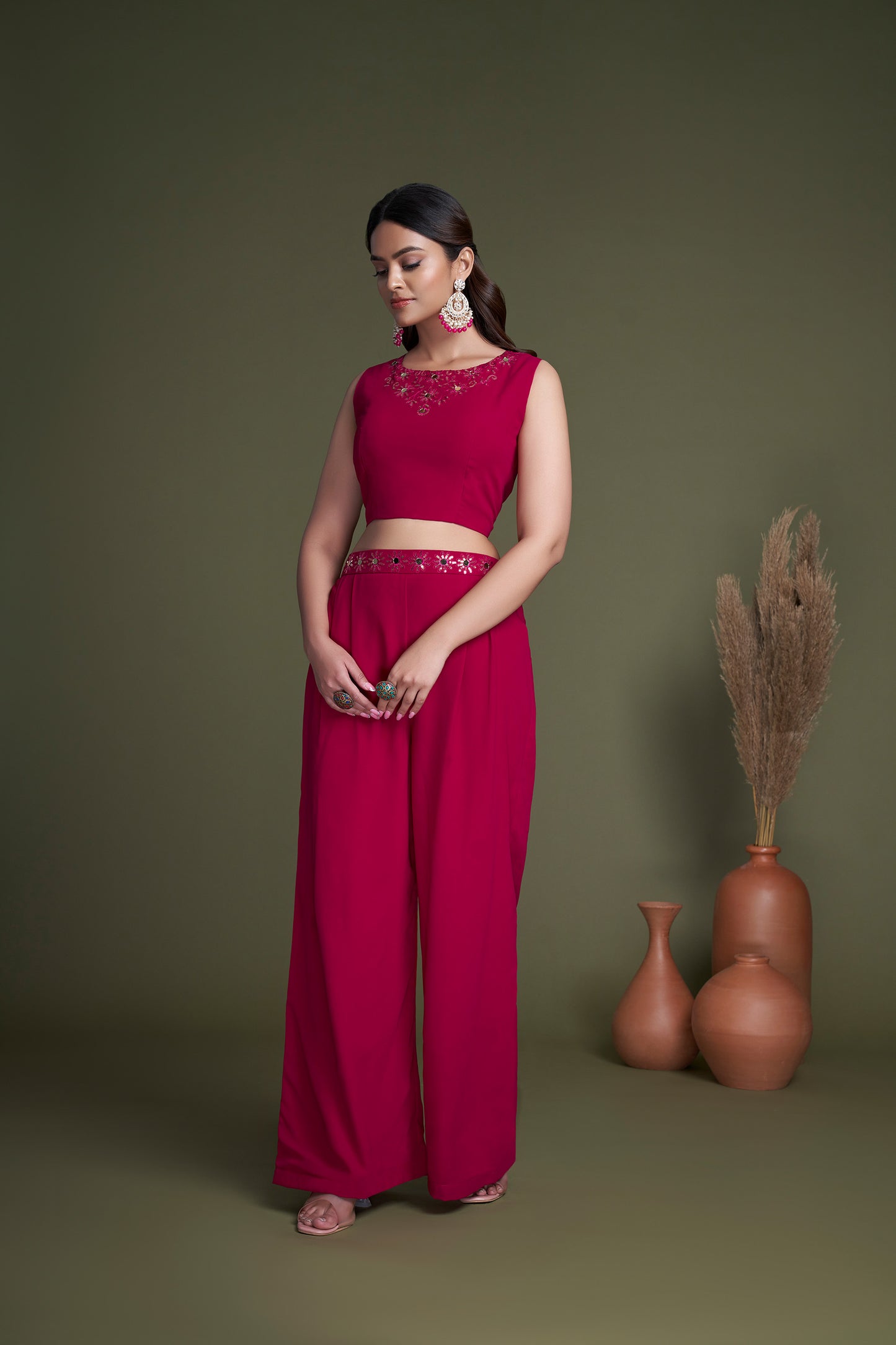 Rani Pink Mirror Embroidered Georgette Party Wear Palazzo