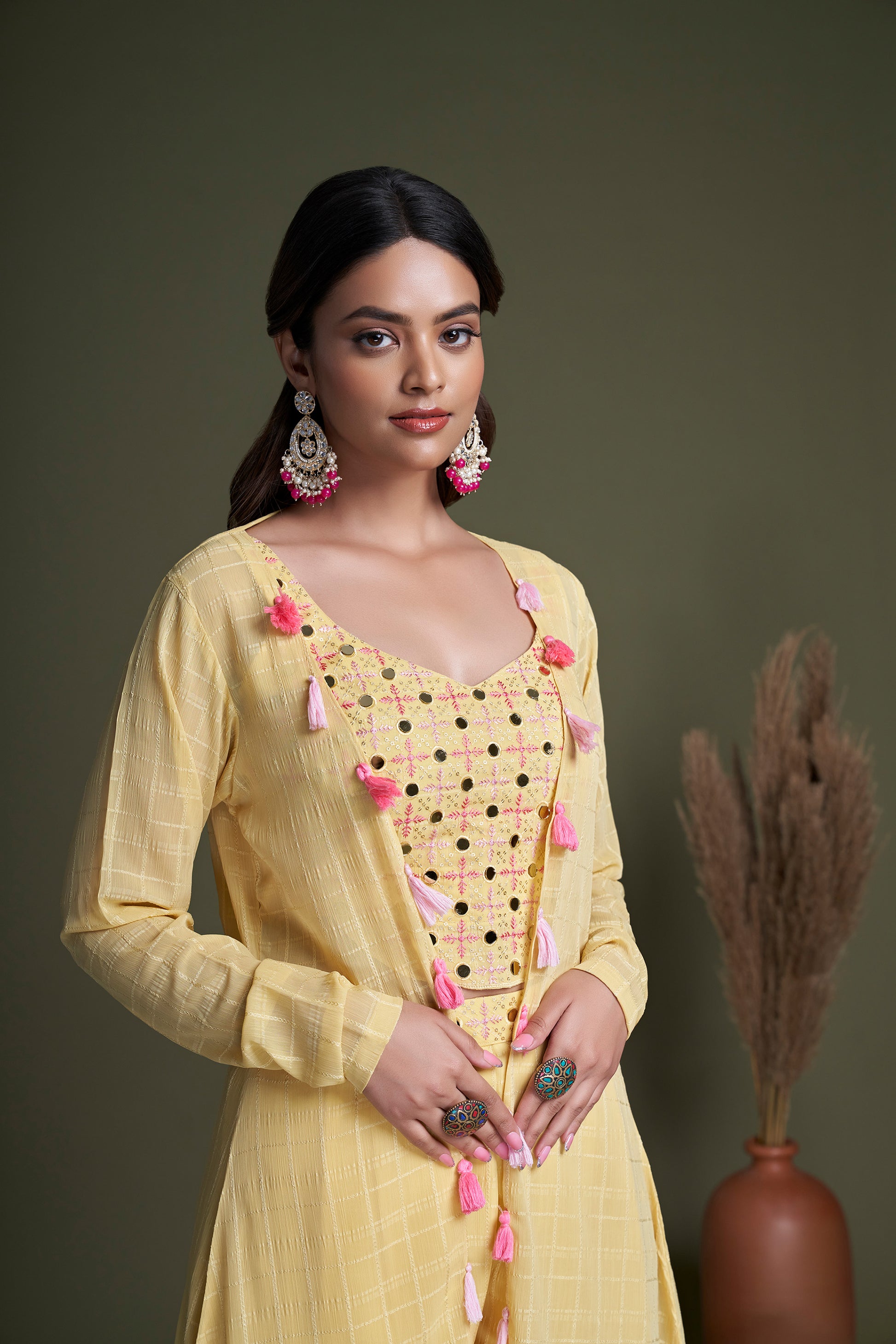 Yellow Mirror Embroidered Georgette Party Wear Palazzo