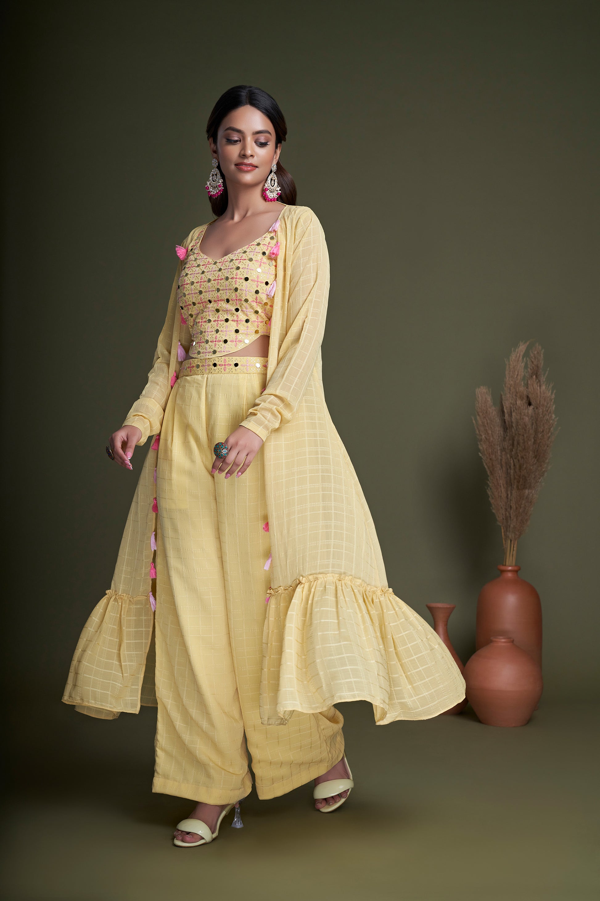 Yellow Mirror Embroidered Georgette Party Wear Palazzo