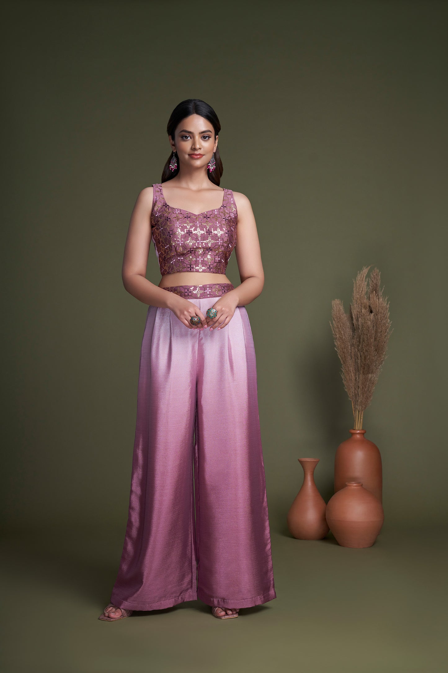 Pink Embroidered Chinnon Party Wear Palazzo