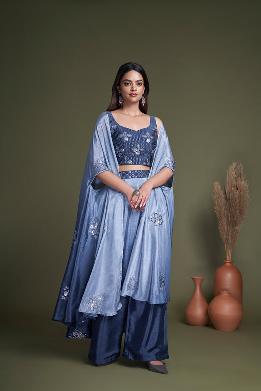Navy Blue Embroidered Chinnon Party Wear Palazzo