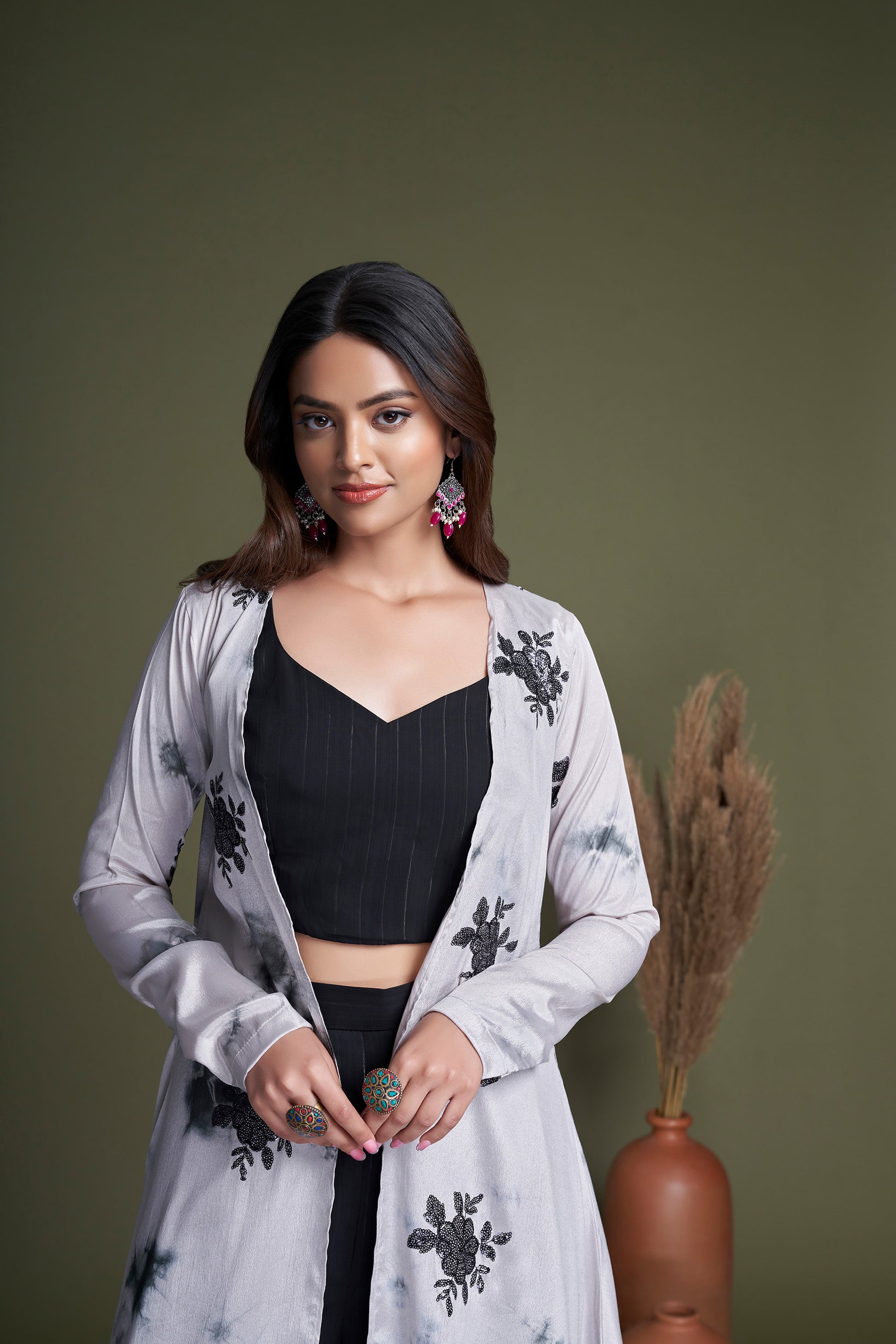 Black and White Embroidered Silk Party Wear Palazzo