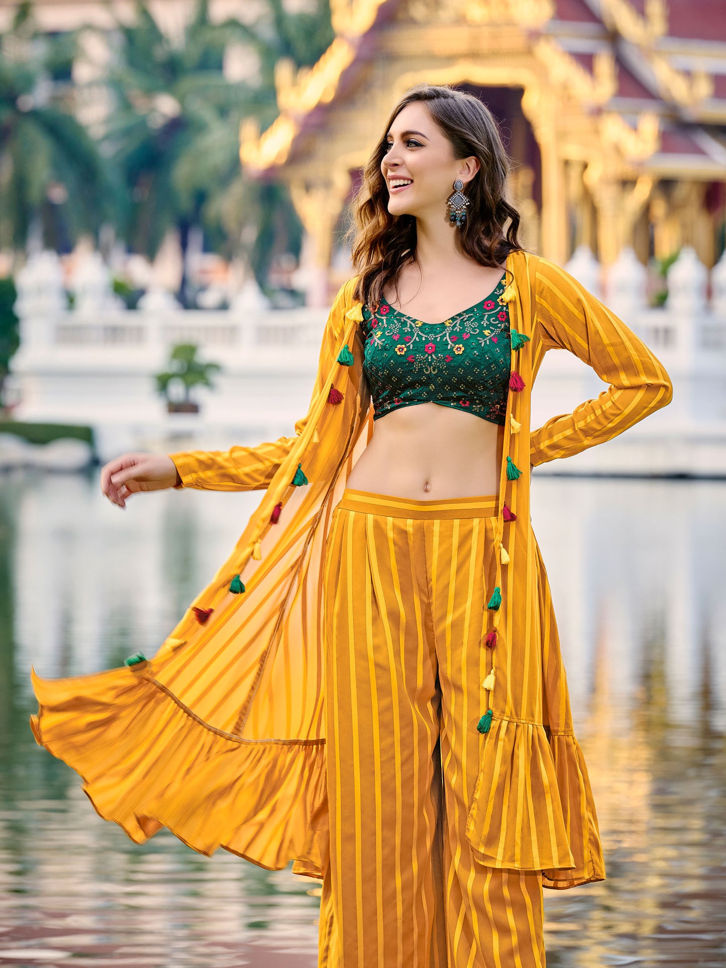 Yellow and Green Self Weaving Chinnon Crop Top Party Wear Set