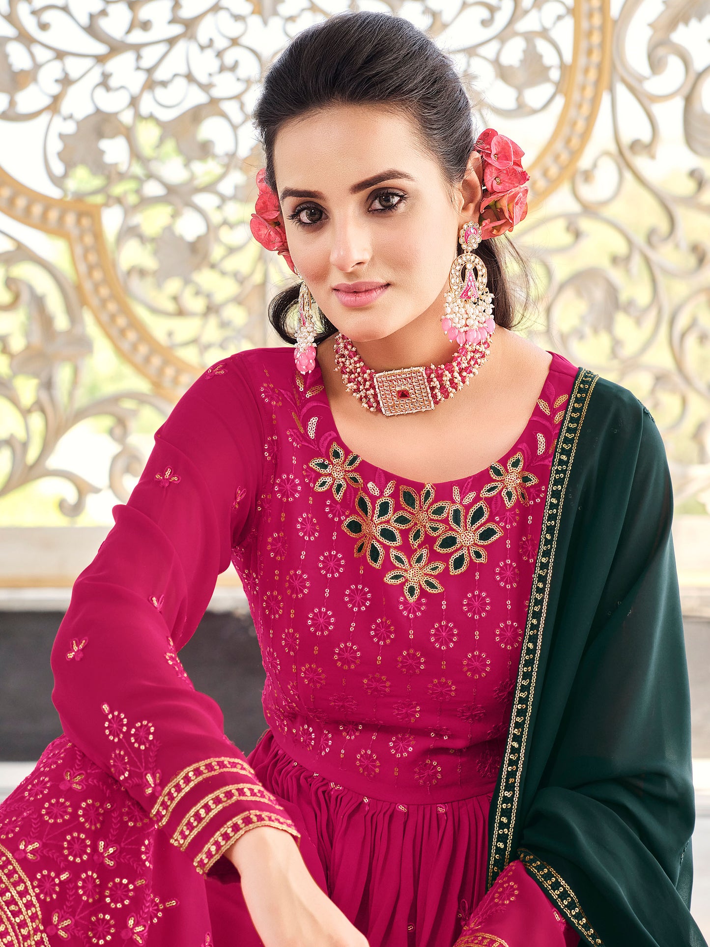Rani Pink Thread Embroidery Georgette Sharara for Mehendi