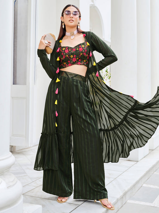 Olive Green Color Mirror Embroidery Georgette Palazzo