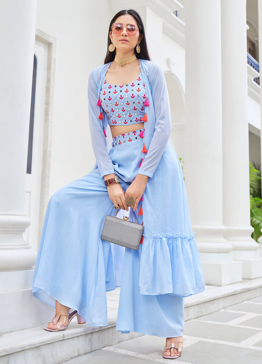 Sky Blue Color Mirror Embroidery Georgette Palazzo