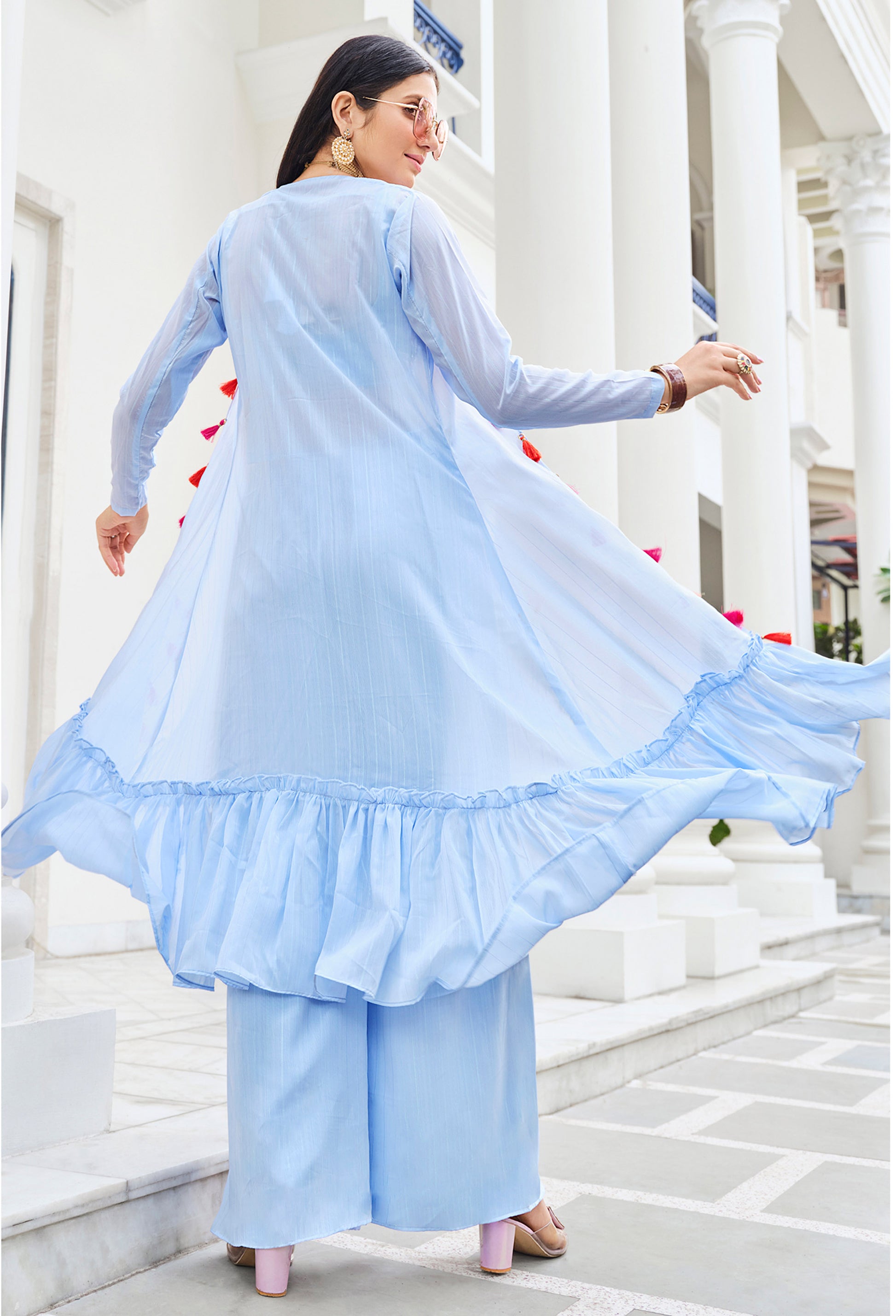 Sky Blue Color Mirror Embroidery Georgette Palazzo