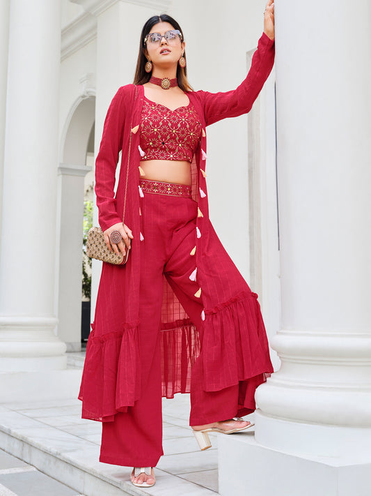 Red Color Mirror Embroidery Georgette Palazzo