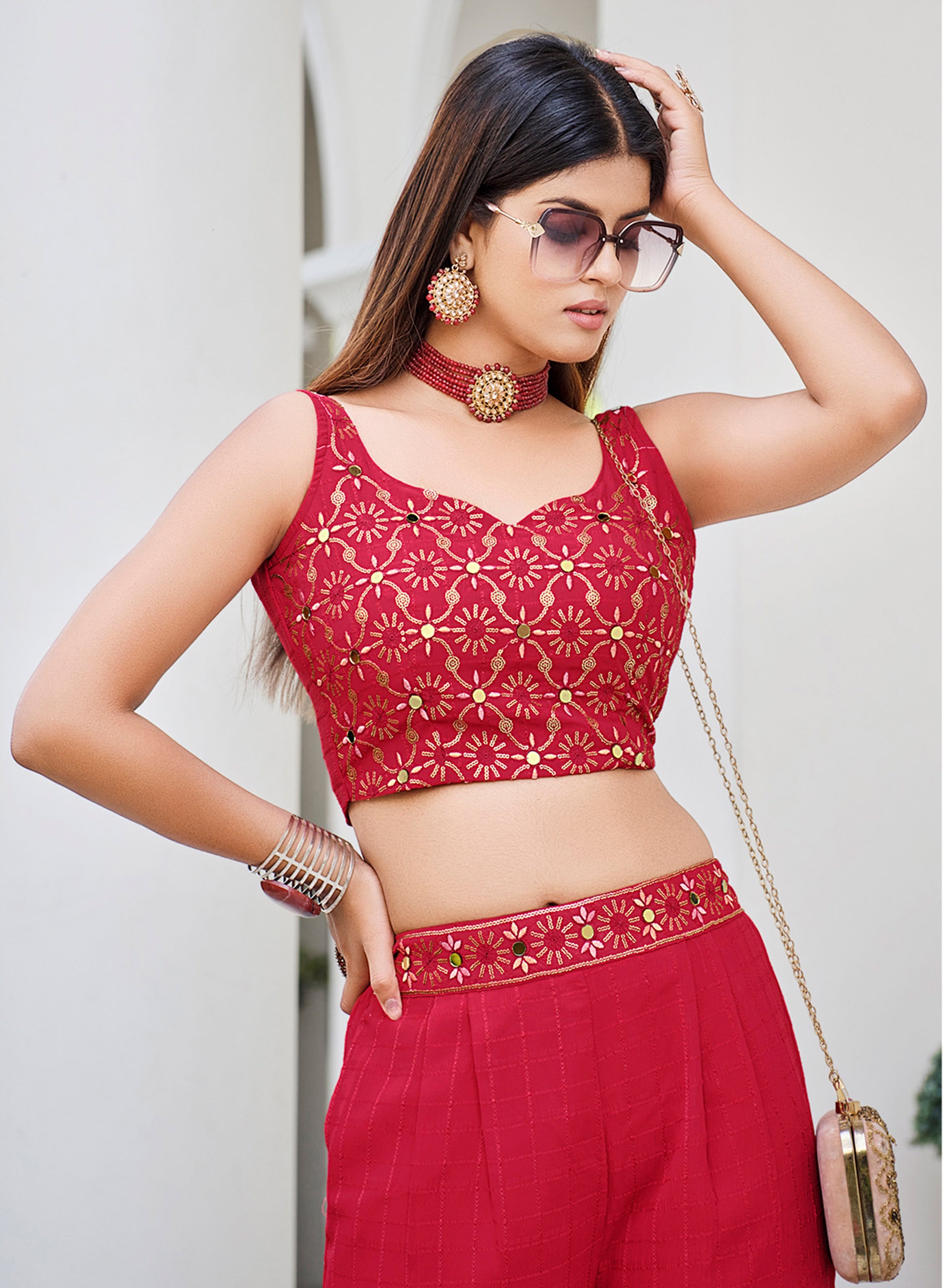 Red Color Mirror Embroidery Georgette Palazzo