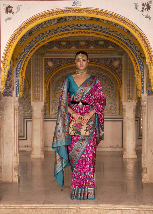 Pink and Blue Color Patola Paithani Silk Saree for Mehendi