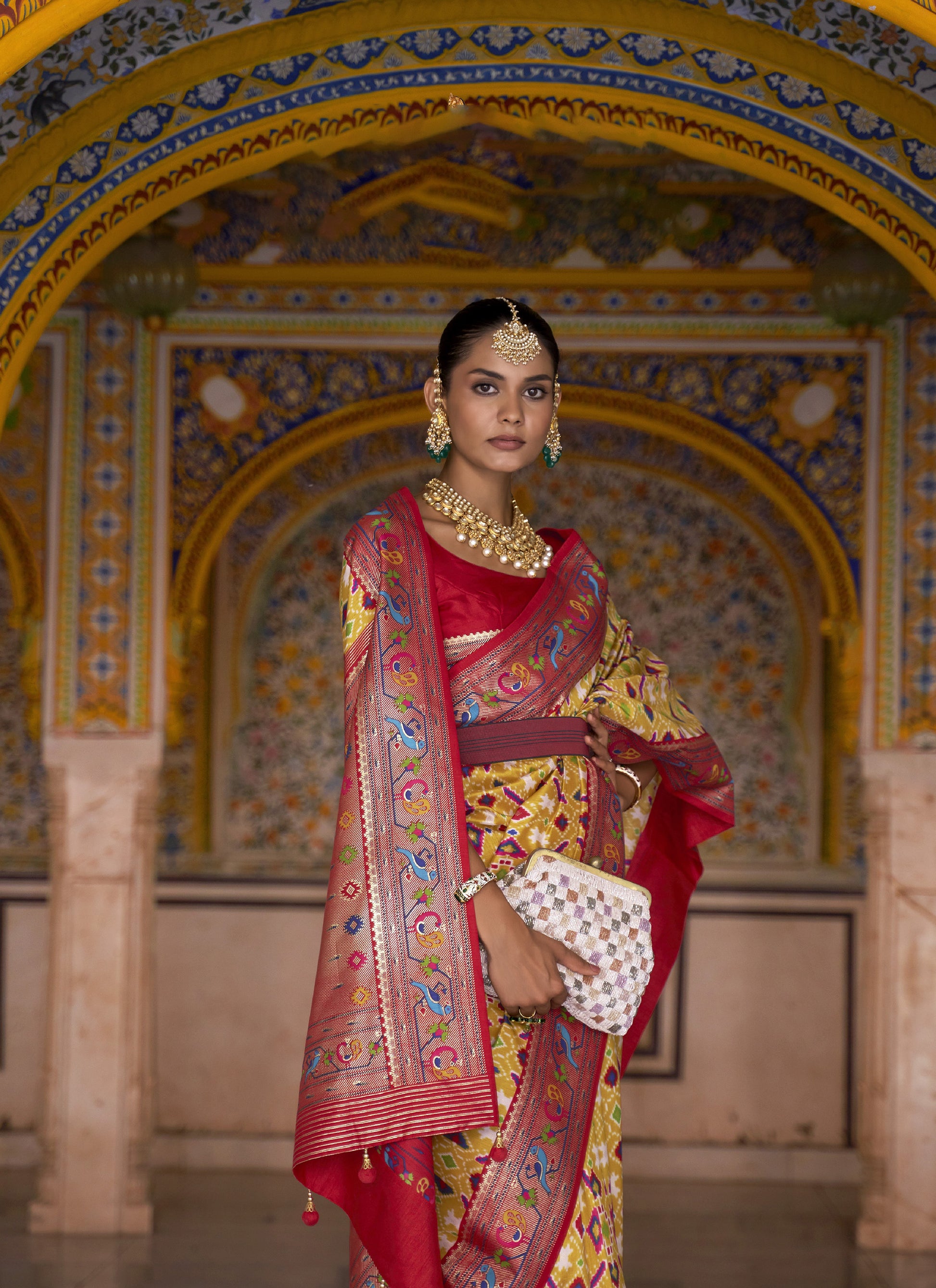 Yellow and Maroon Color Patola Paithani Silk Saree