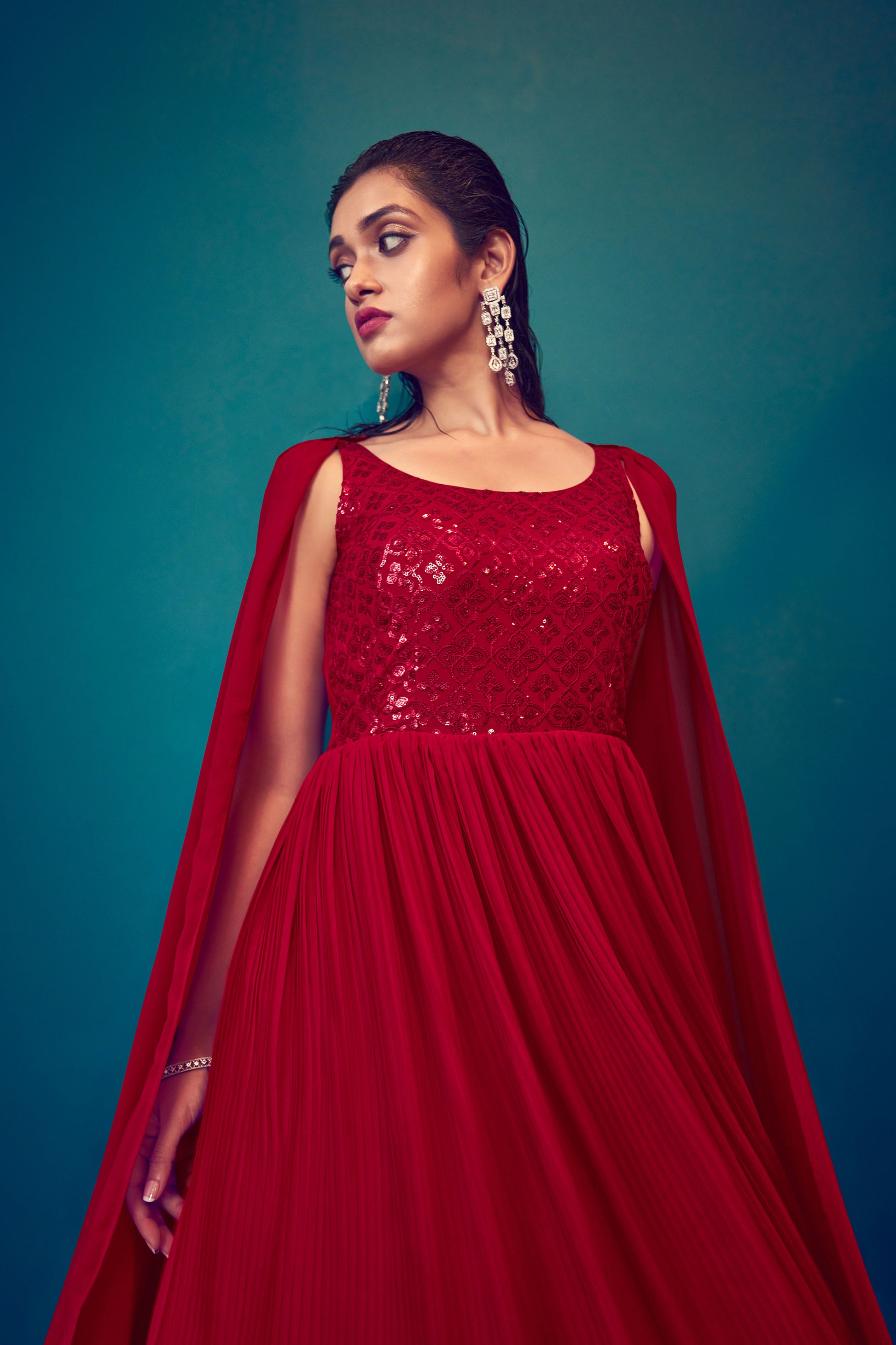 Red Georgette Sequins Work Cocktail Gown