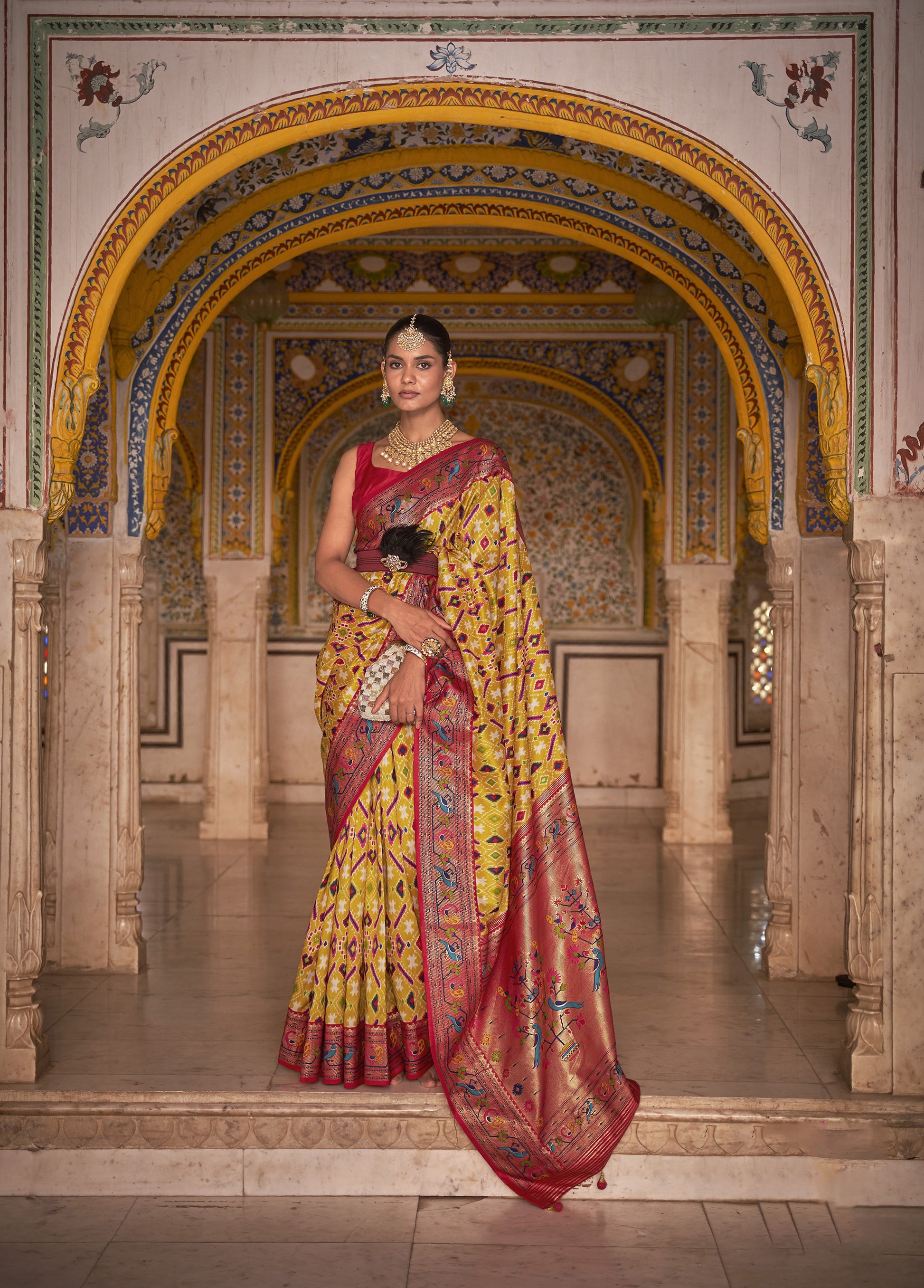 Yellow and Maroon Color Patola Paithani Silk Saree