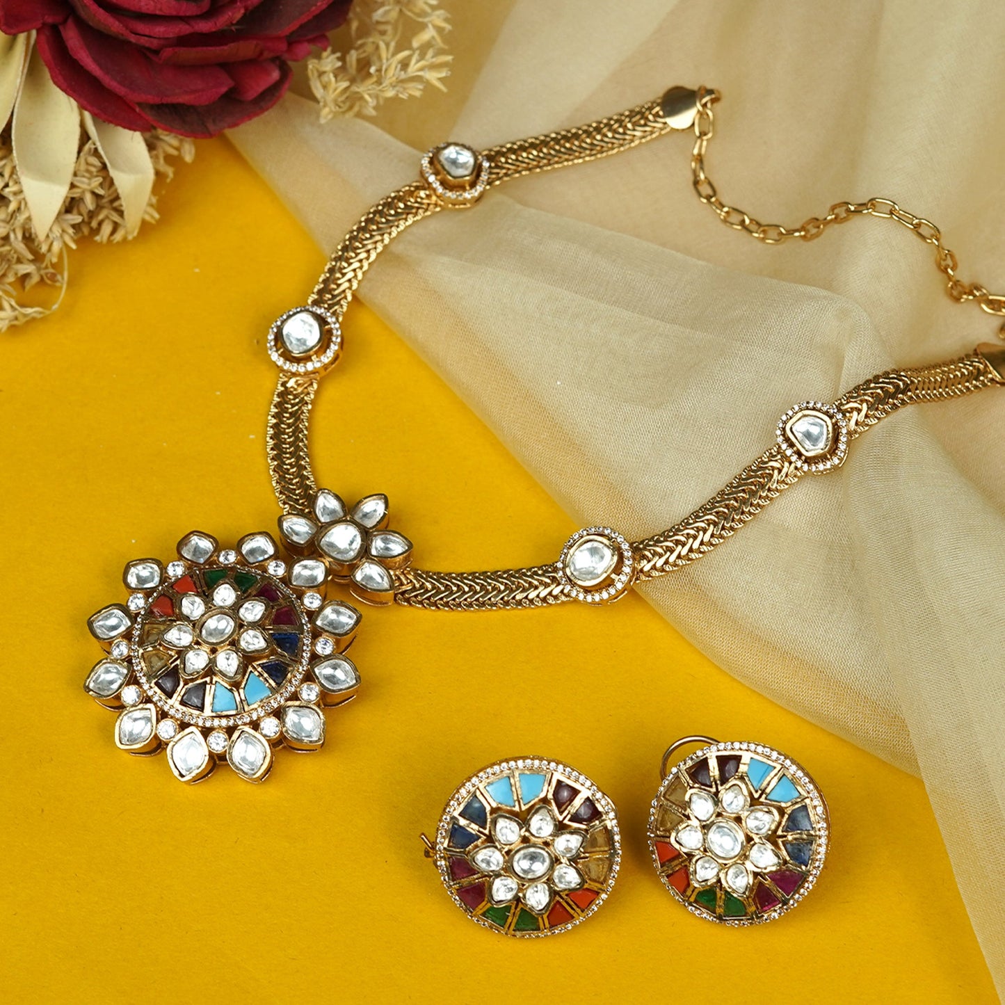 Zevar Club 24K Gold Plated White Kundan Studded Ruby Red Enamel Handcrafted Floral Jewellery Set with Pendant & Earrings for Women