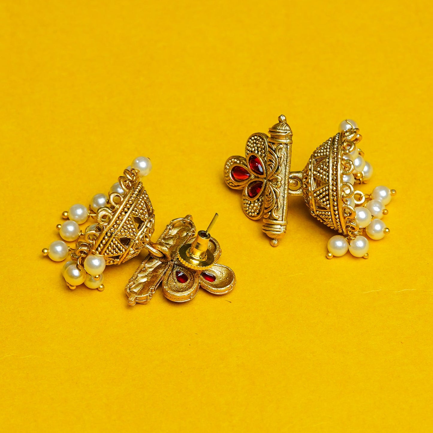 Zevar Club 18K Gold-Plated Green Stone Studded Dome Jhumka Earrings with Pearl Danglers