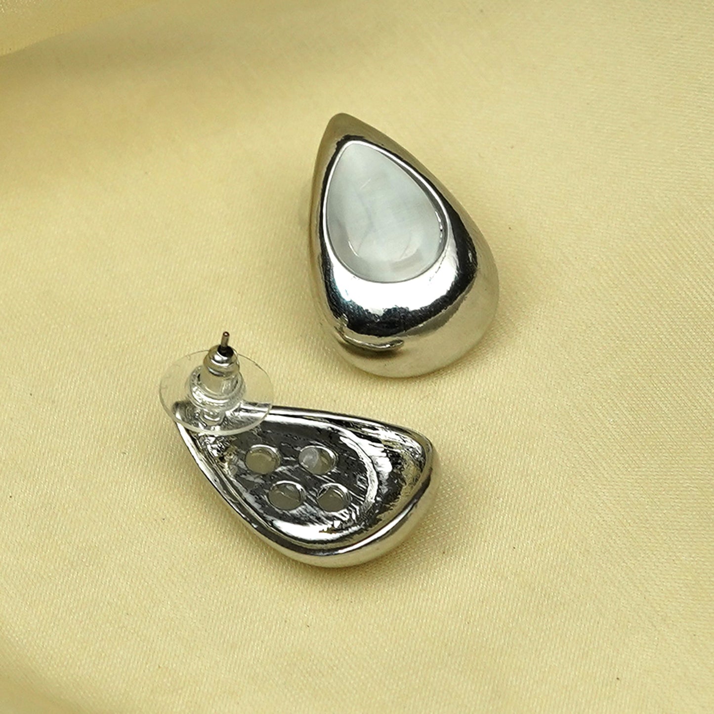 Zevar Club Glossy Silver Tone Stainless Steel Tarnish Free Waterproof Tear Drop-Shaped Mother of Pearl Stud Earrings for Women