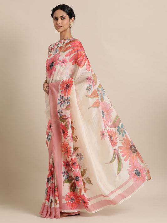 Ivory and Pink Floral printed saree in Cupro Organza Beige Saree
