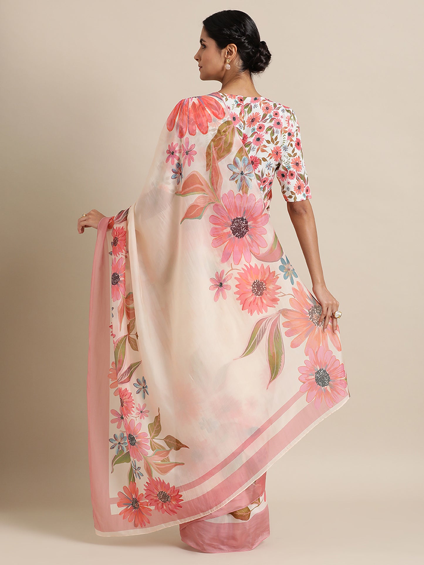 Ivory and Pink Floral printed saree in Cupro Organza Beige Saree