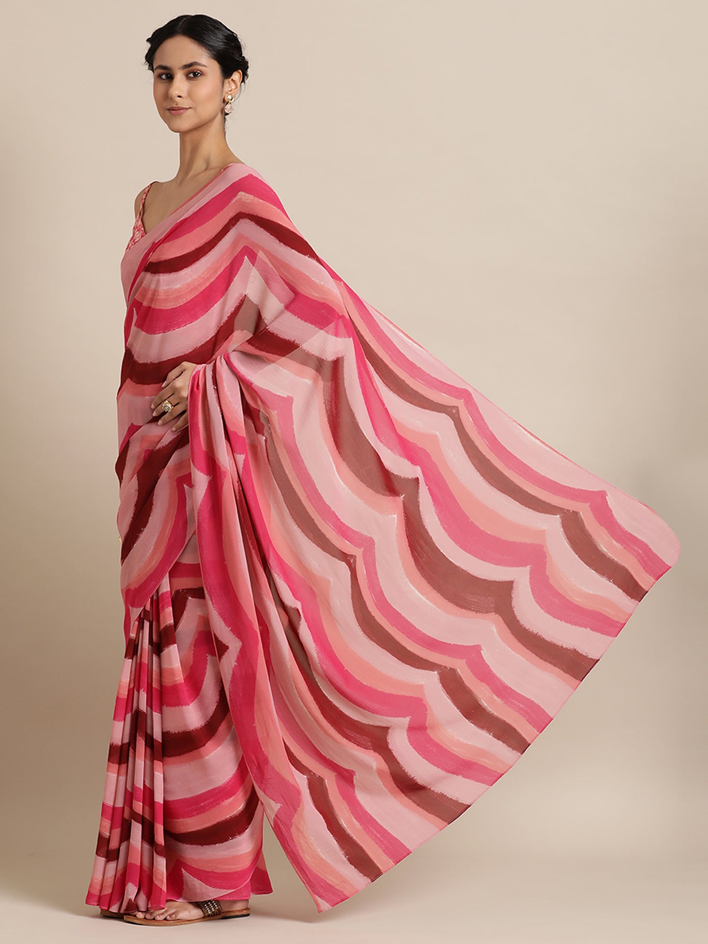 Symphony of Scallops in Viscose Georgette Pink Saree