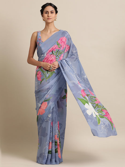 Linear Florals in natural Crepe Lavender Saree