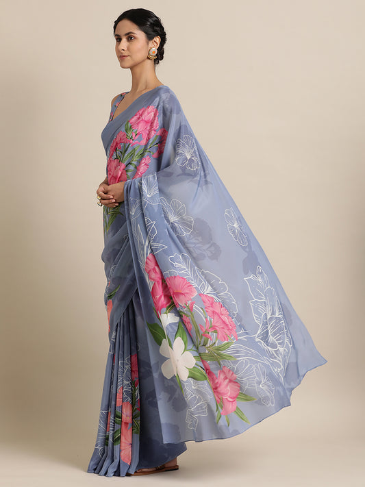Linear Florals in natural Crepe Lavender Saree
