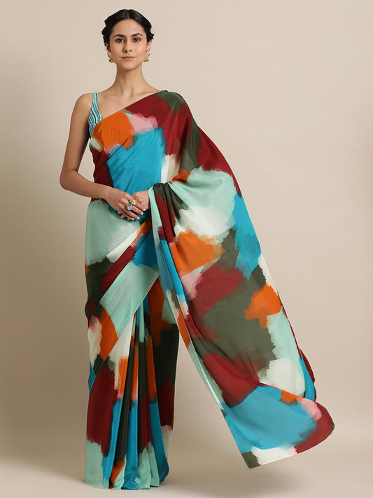 Abstract Strokes in Natural crepe Multi Color Saree
