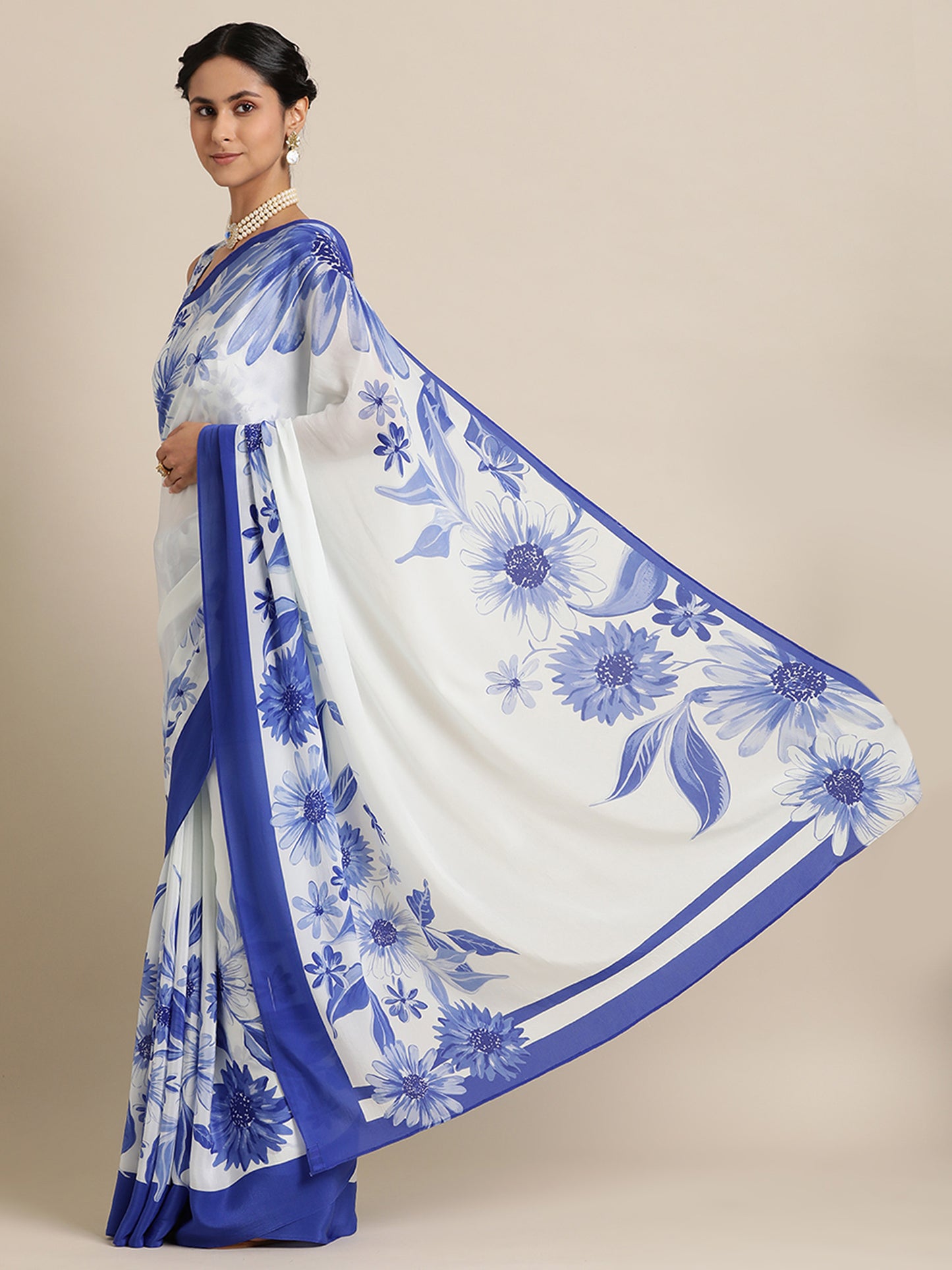 Majestic Blooms in Natural Crepe White Saree