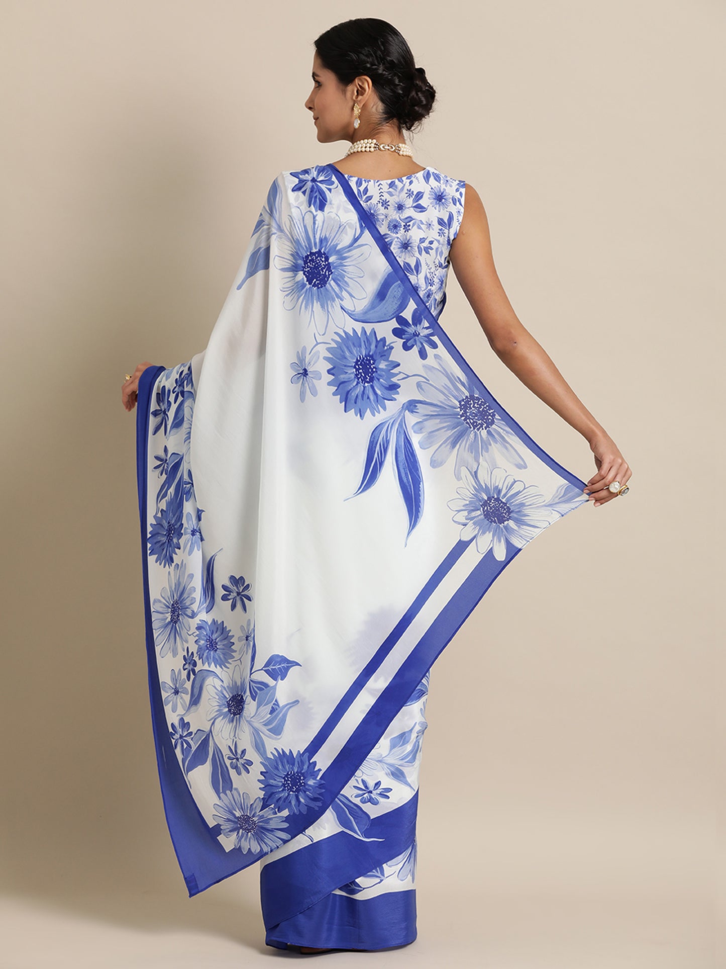 Majestic Blooms in Natural Crepe White Saree