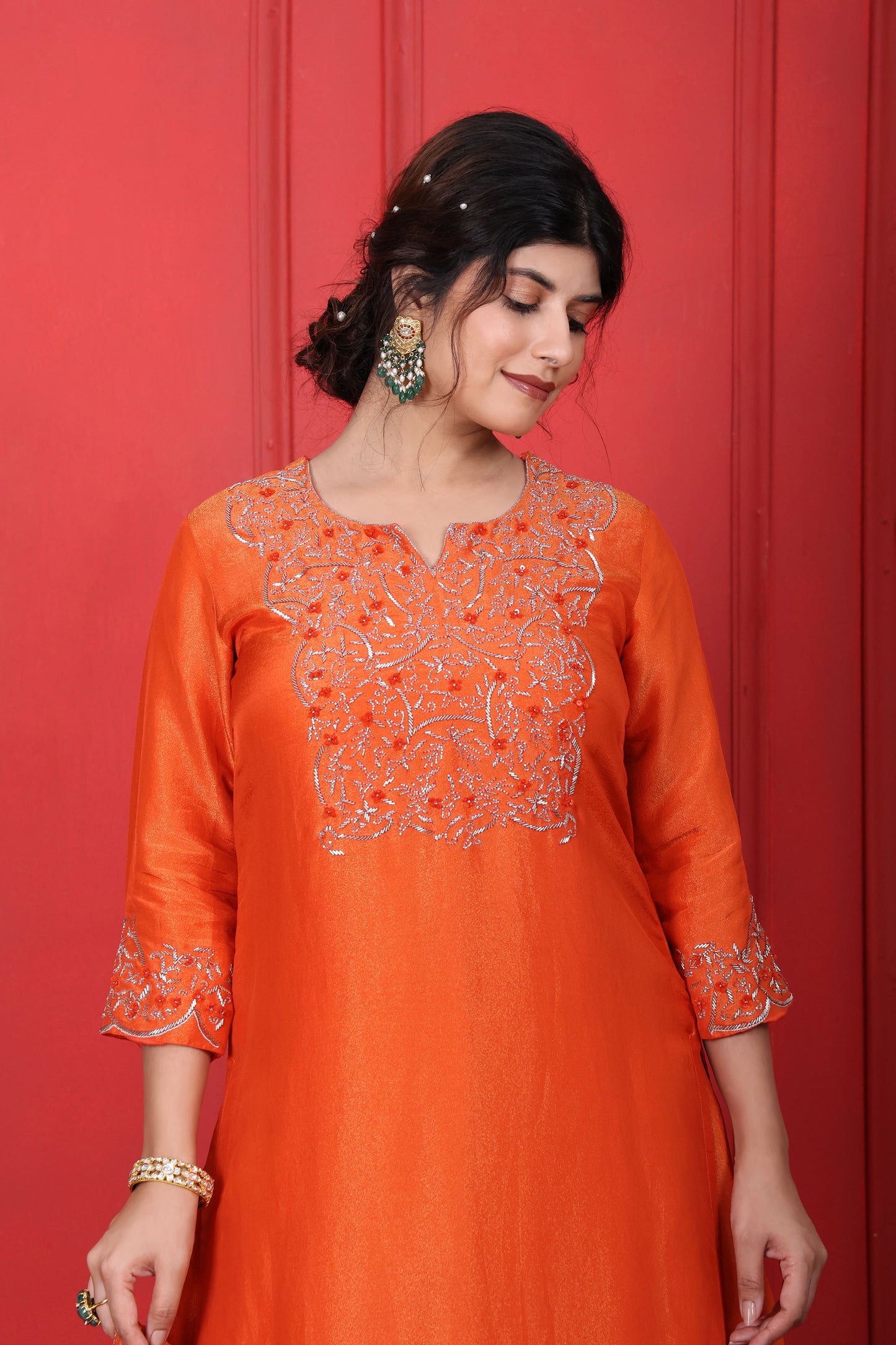 Hand Embroidered Round Neck V-Cut Kurta Lehenga Set