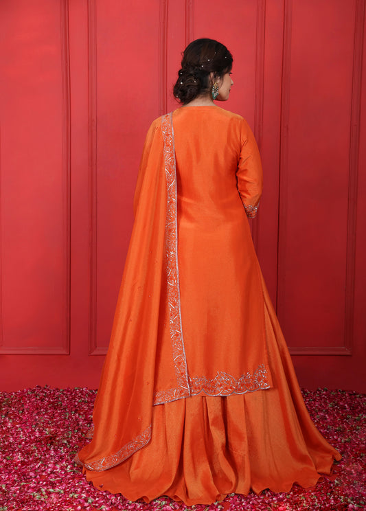 Hand Embroidered Round Neck V-Cut Kurta Lehenga Set