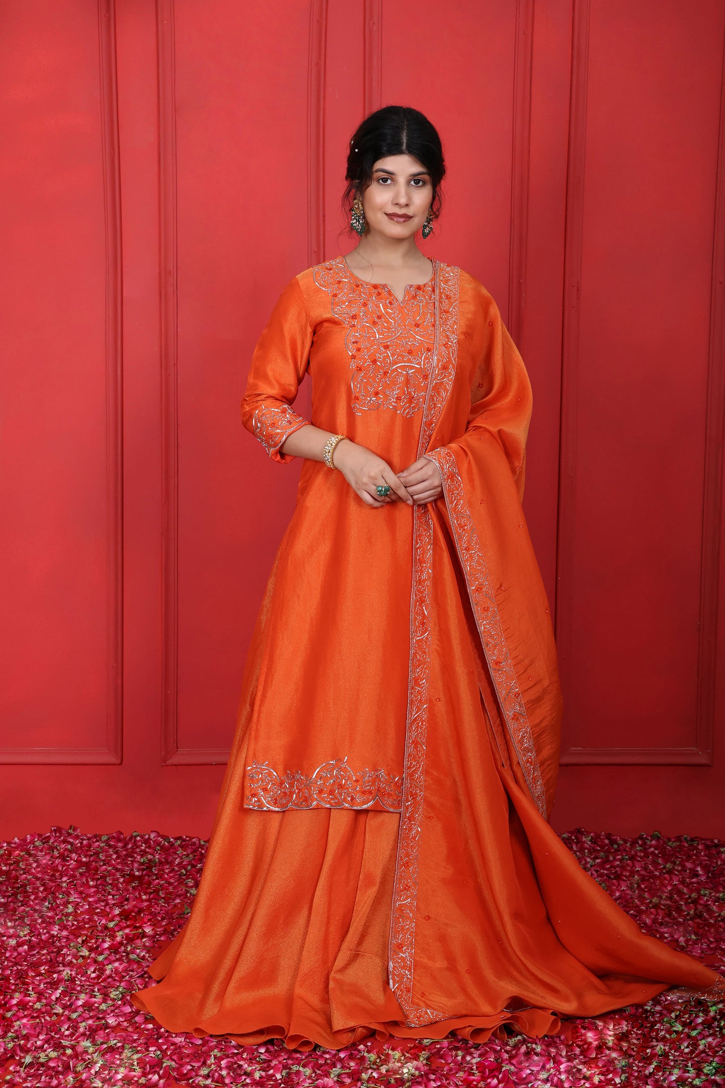 Hand Embroidered Round Neck V-Cut Kurta Lehenga Set