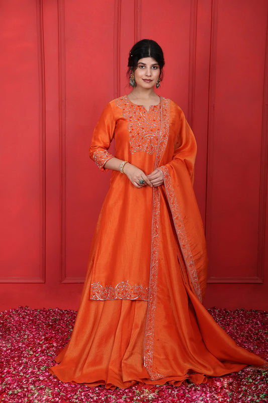 Hand Embroidered Round Neck V-Cut Kurta Lehenga Set