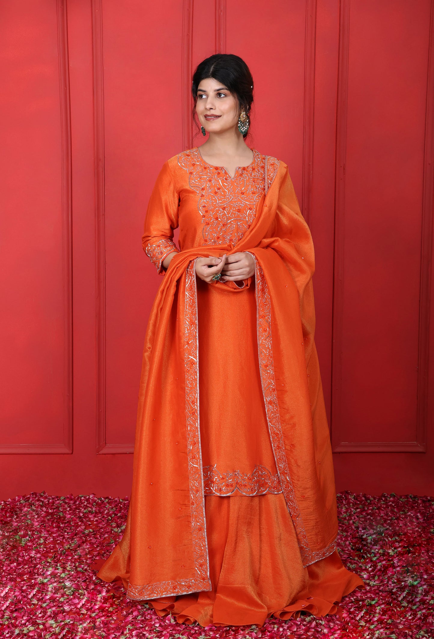 Hand Embroidered Round Neck V-Cut Kurta Lehenga Set