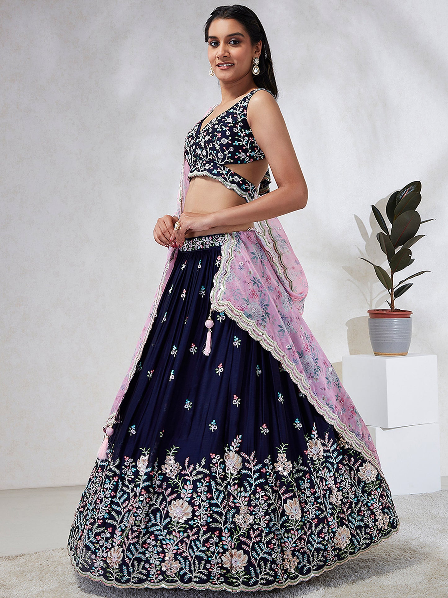 Navy Blue Georgette Sequins, Mirror and thread embroidery Lehenga