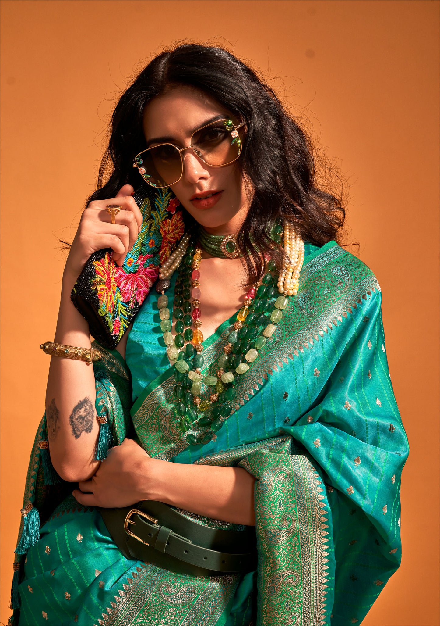 Teal Green Karnaal Pure Satin Handloom Silk Saree