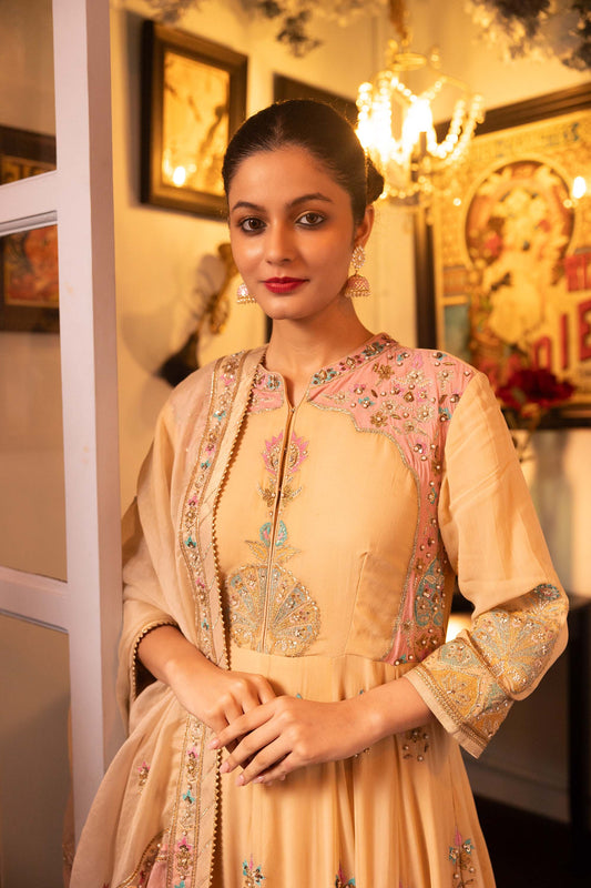 Pietra Dura Beige Georgette Machine Embroidered Anarkali