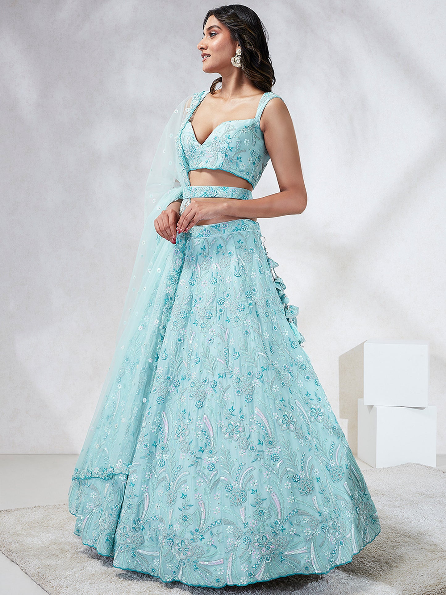 Turquoise Blue Georgette Sequins and thread embroidery Lehenga