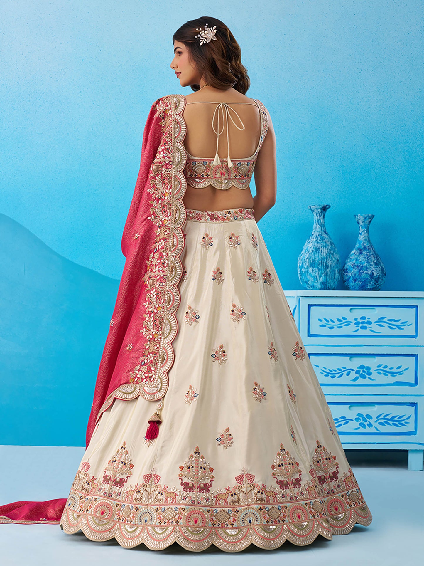 Cream Tissue Gota & Sequins Embroidered Lehenga with Rani Pink Dupatta for Bridesmaid