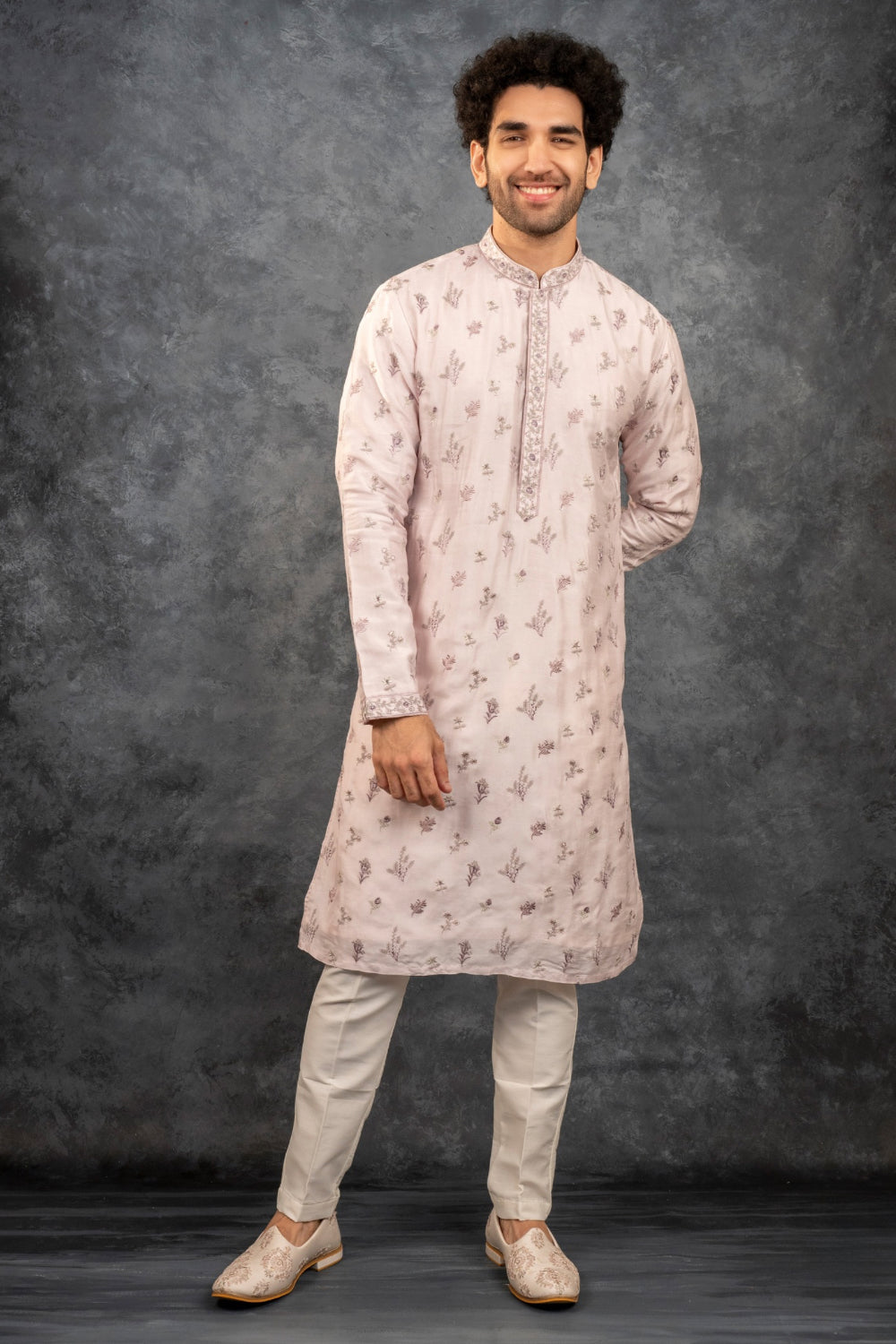 Cream silk kurta set with resham embroidery and sequins work