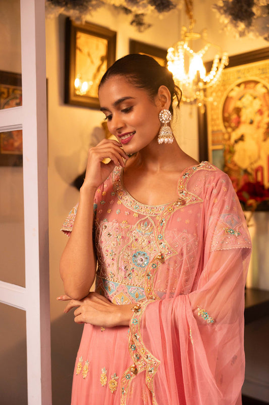 Pietra Dura Pink Net Machine Embroidered Bridesmaid Anarkali