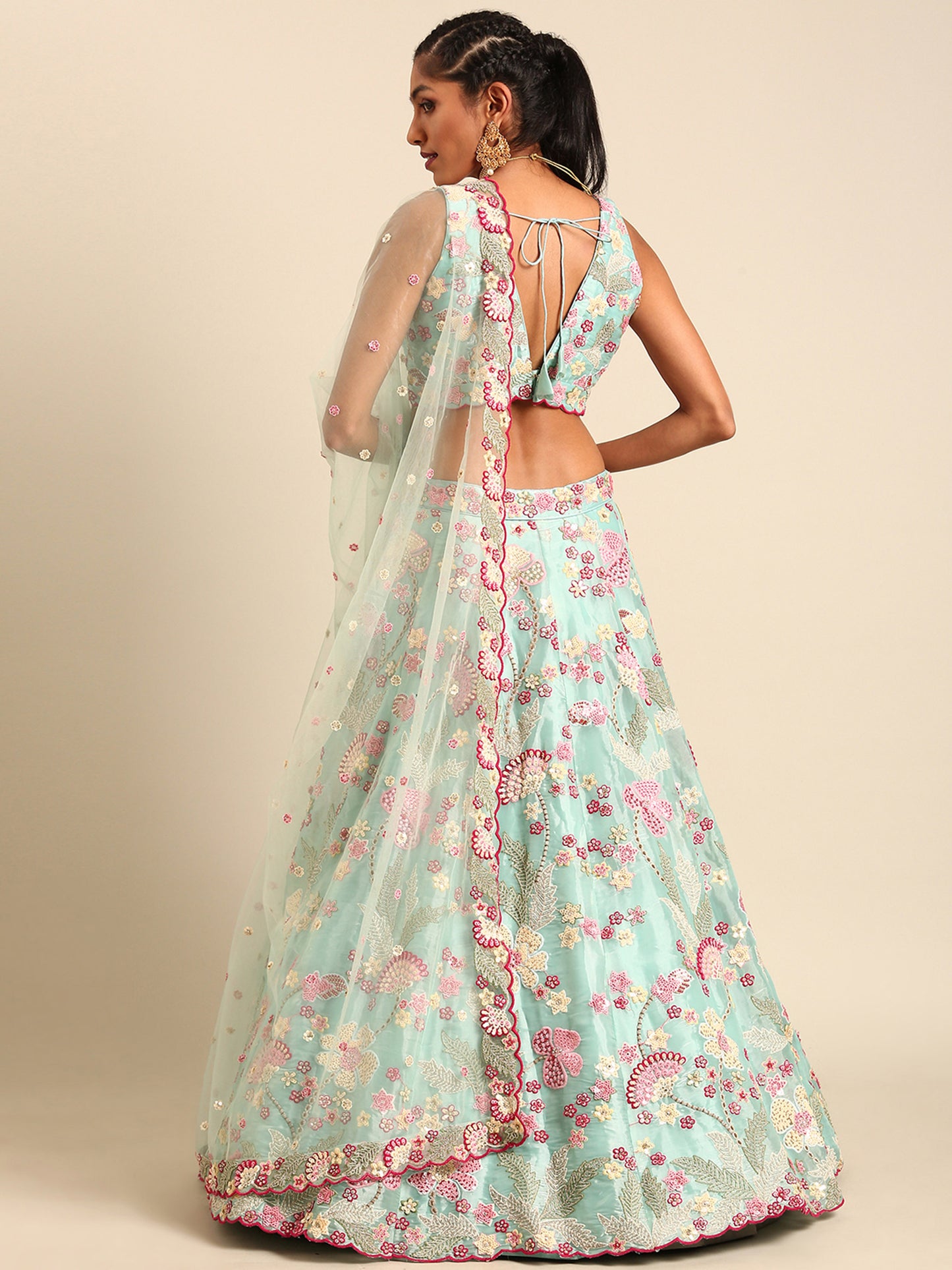 Turquoise Blue Organza Sequins and Zarkan embroidery Lehenga