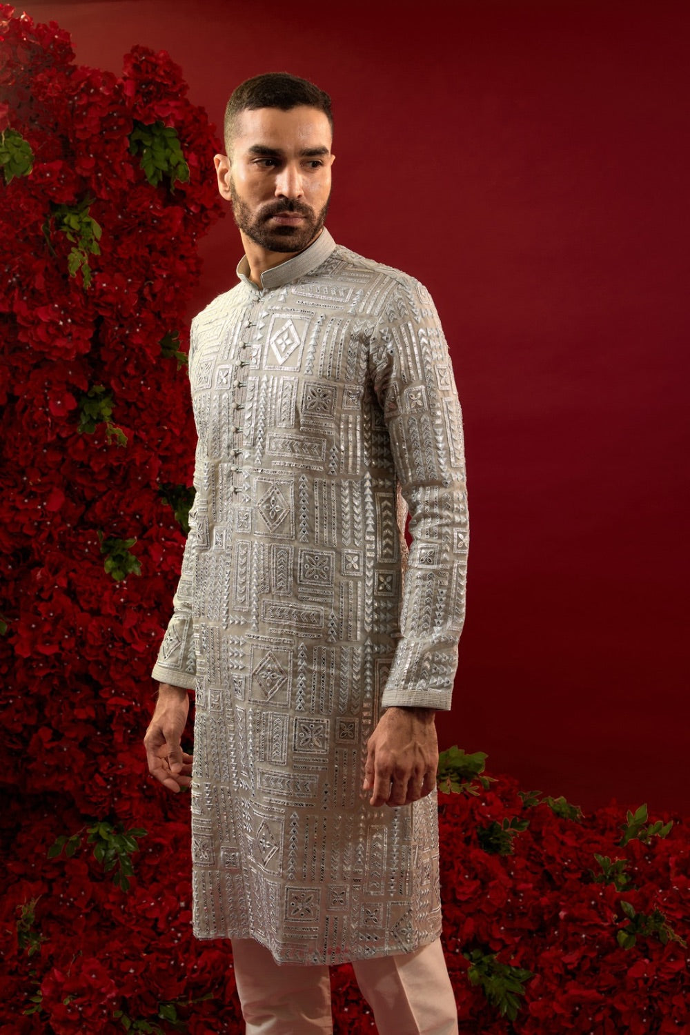 Silver silk kurta & pajama with machine work