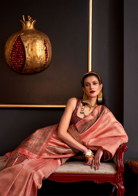 Peach Kamiya Silk Chap handloom Saree