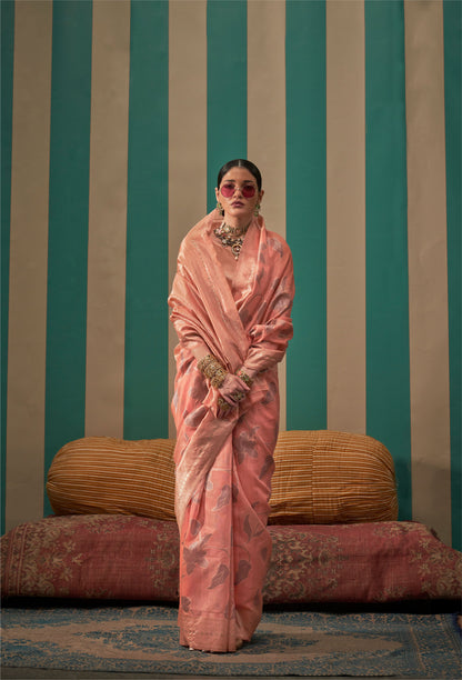 Pink Kapri Linen Handloom Silk Saree