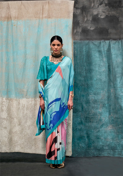 Teal blue and white Kernia's Printed Pure Silk Crepe Saree